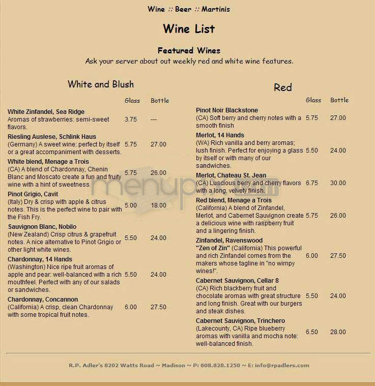 R.P. Adler's Pub & Grill - Madison, WI menu_pic