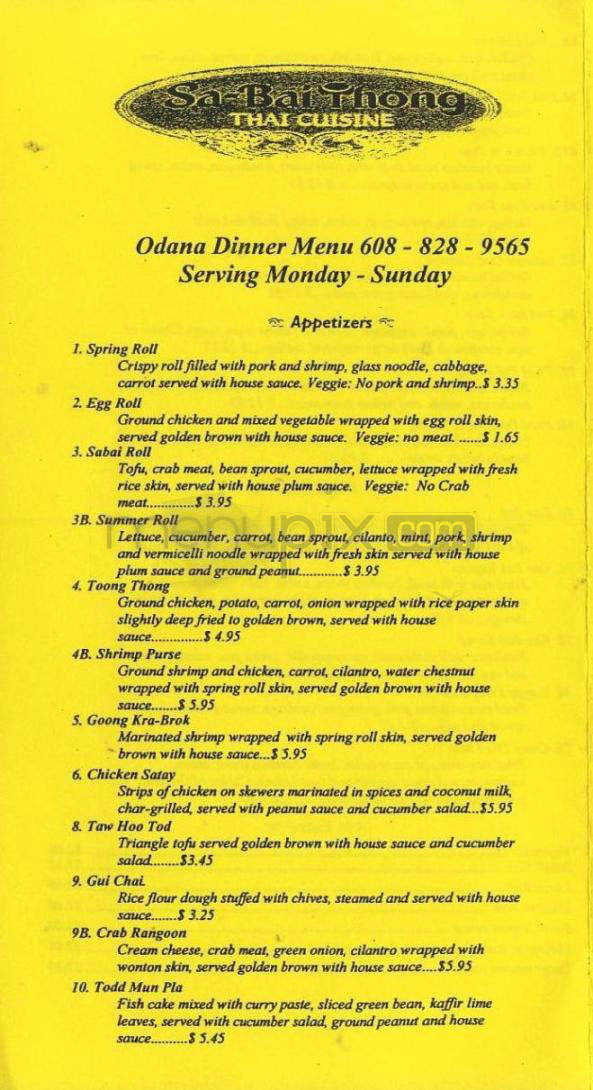 Sa-Bai Thong - Madison, WI menu_pic