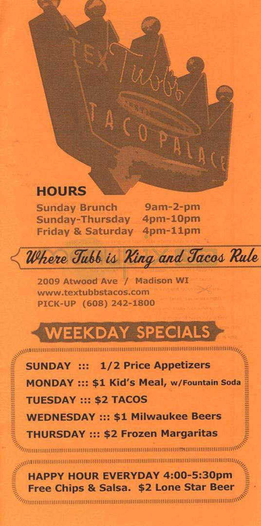 Tex Tubb's Taco Palace - Madison, WI menu_pic