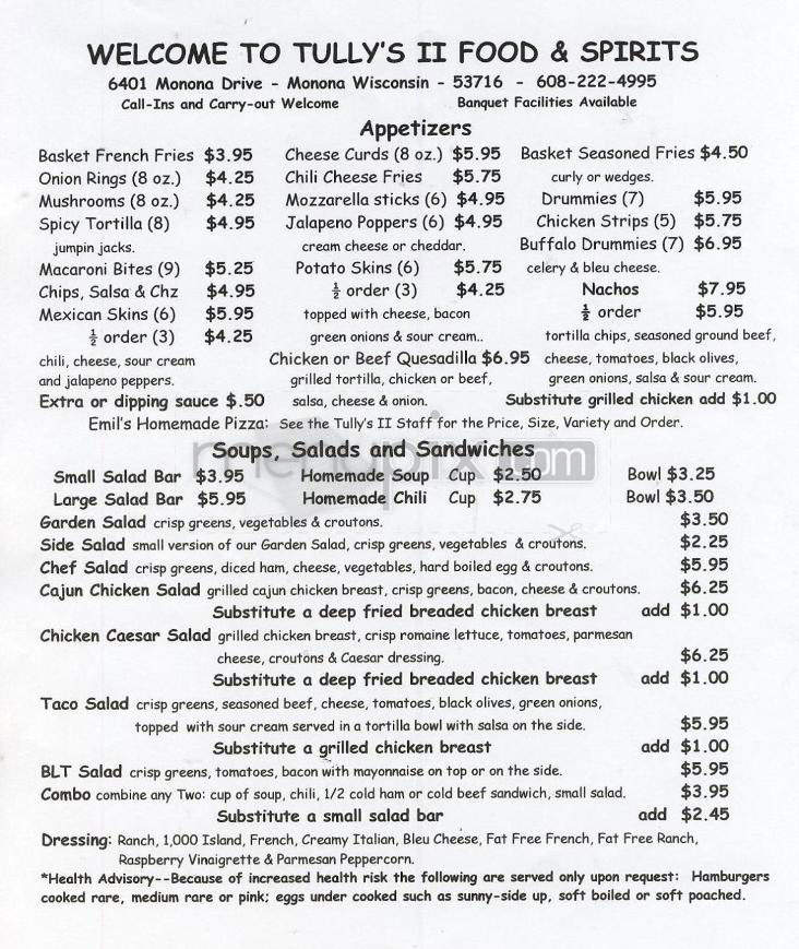 Tully's Food & Spirits - Monona, WI menu_pic