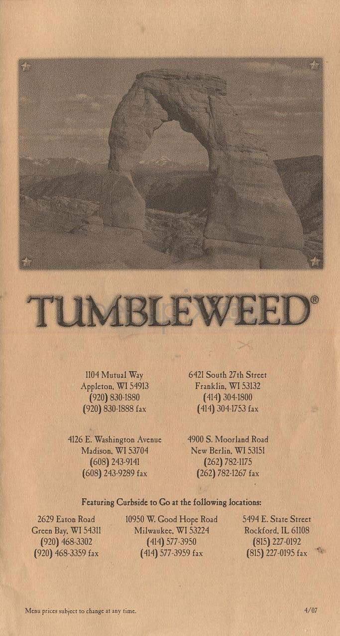 Tumbleweed Southwest Grill - Madison, WI menu_pic