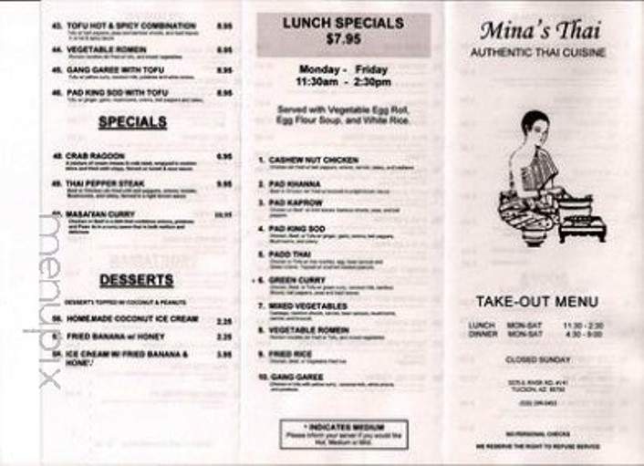 Mina's Thai - Tucson, AZ menu_pic