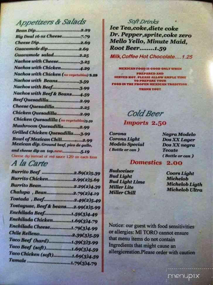 Mi Toro Mexican Restaurant - Columbus, MS menu_pic