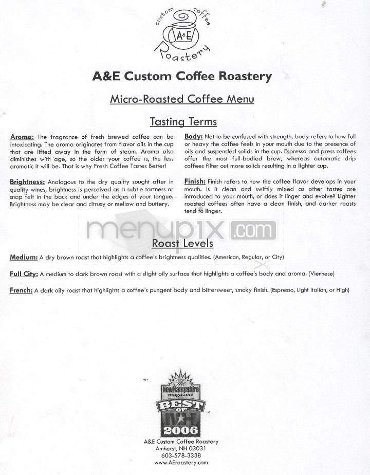A&E Custom Coffee Roastery - Amherst, NH menu_pic