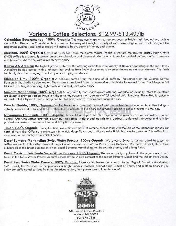 A&E Custom Coffee Roastery - Amherst, NH menu_pic