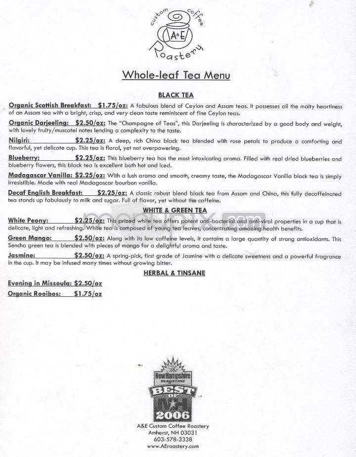 A&E Custom Coffee Roastery - Amherst, NH menu_pic