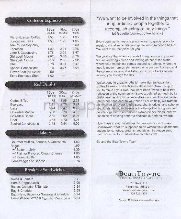 Bean Towne Coffee House and Cafe - Hampstead, NH menu_pic