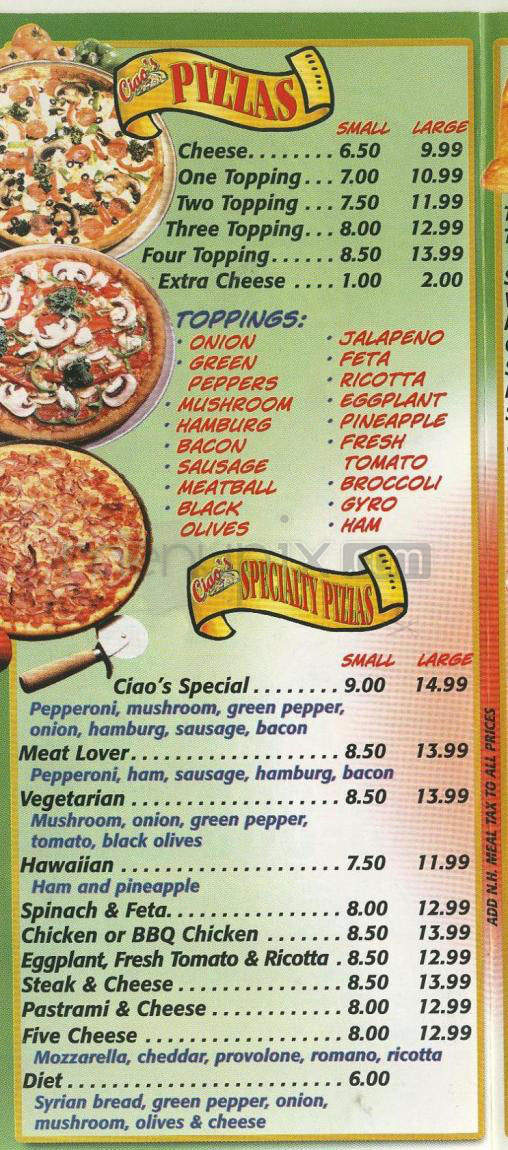 Ciao's Pizza & Subs - Nashua, NH menu_pic