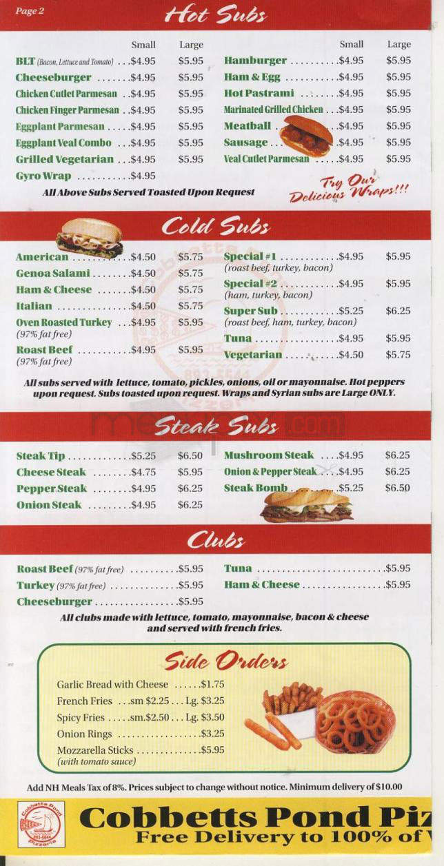 Menu of Cobbetts Pond Pizzeria in Windham, NH 03087