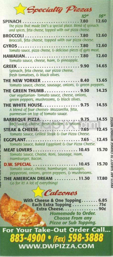 DW Pizzaria and Family Restaurant - Merrimack, NH menu_pic