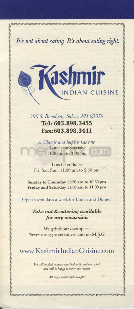 Kashmir Indian Cuisine - Salem, NH menu_pic