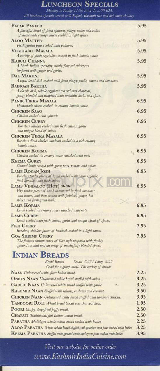 Kashmir Indian Cuisine - Salem, NH menu_pic