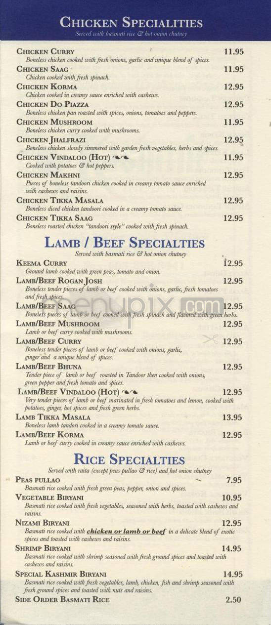Kashmir Indian Cuisine - Salem, NH menu_pic