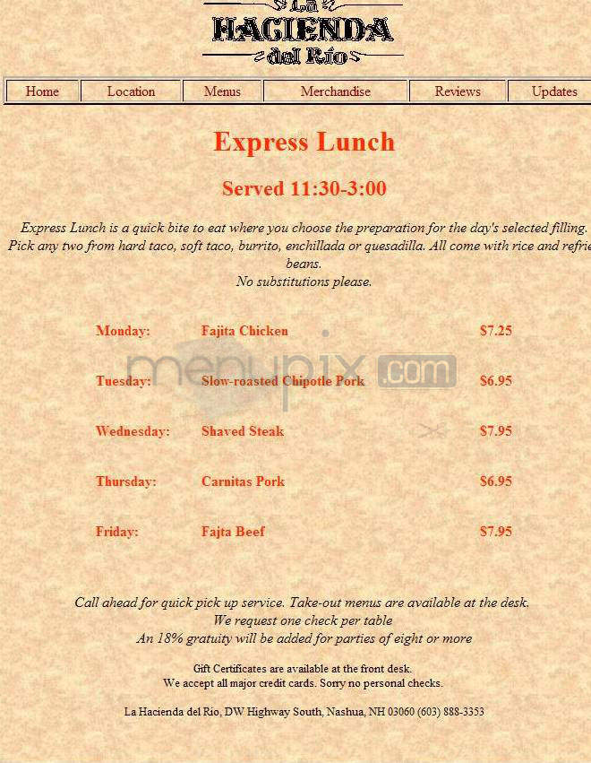 La Hacienda Del Rio - Nashua, NH menu_pic