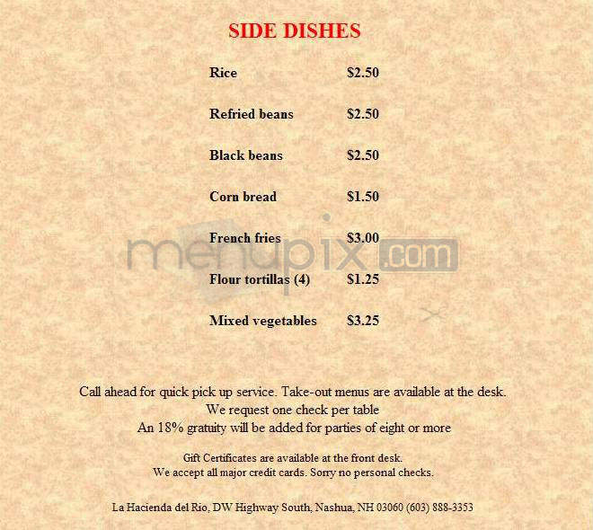 La Hacienda Del Rio - Nashua, NH menu_pic