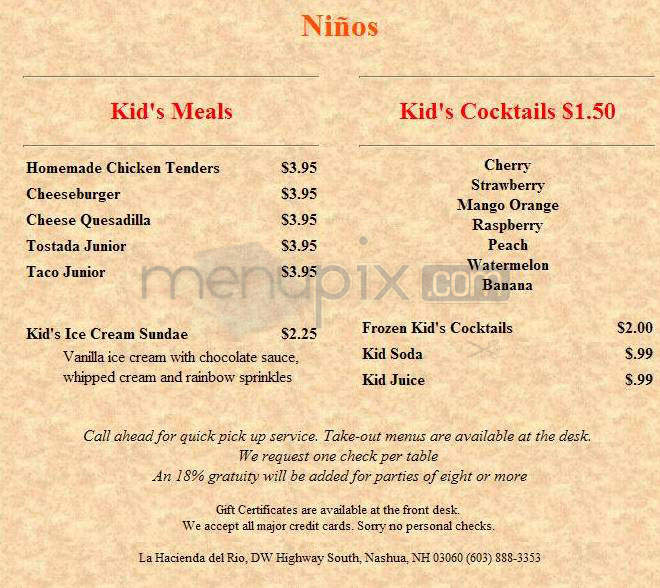 La Hacienda Del Rio - Nashua, NH menu_pic