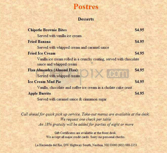 La Hacienda Del Rio - Nashua, NH menu_pic