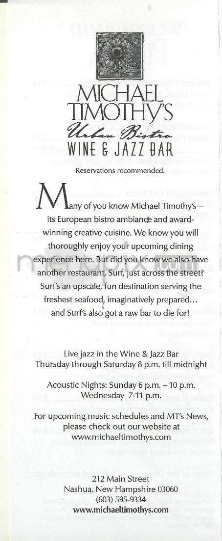 Michael Timothy's Wine & Jazz Bar - Nashua, NH menu_pic