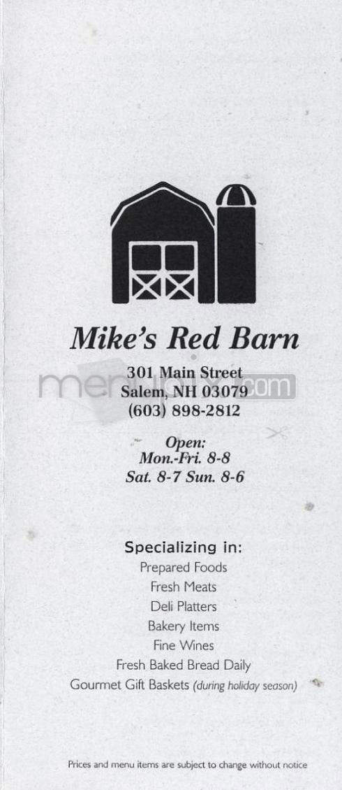 Menu Of Mike S Red Barn In Salem Nh 03079
