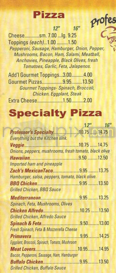 Professor's Pizza - Hudson, NH menu_pic