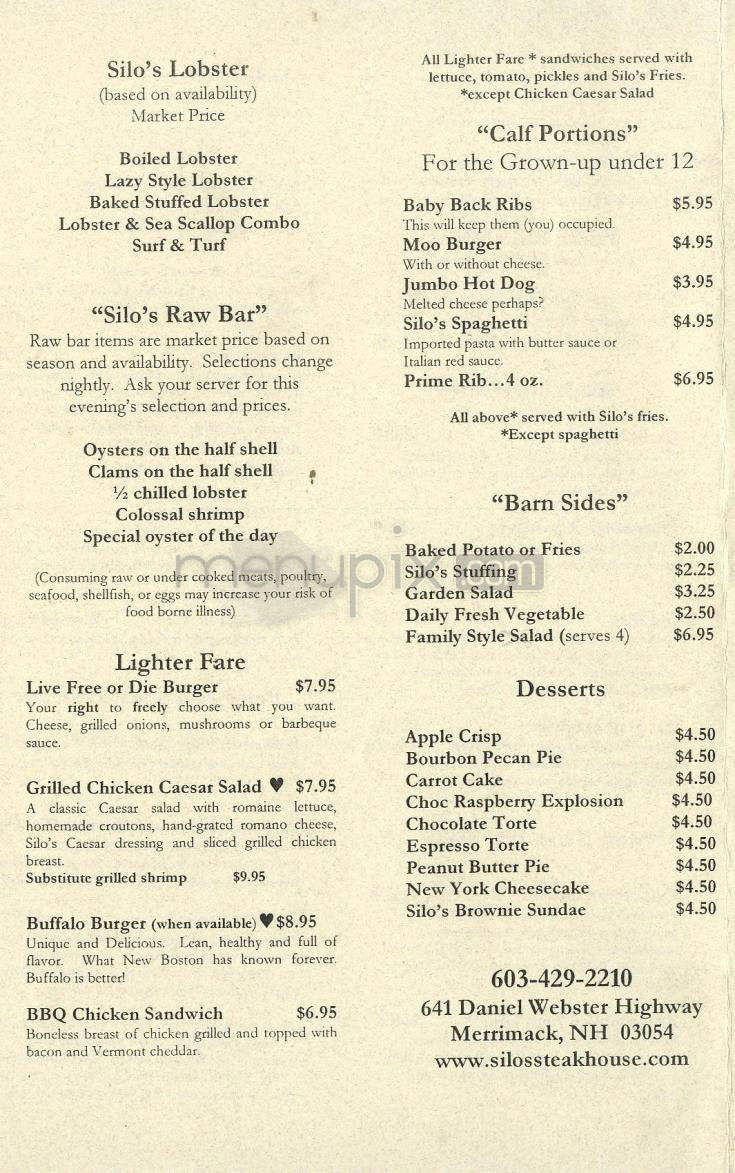 Silo's Steakhouse - Merrimack, NH menu_pic