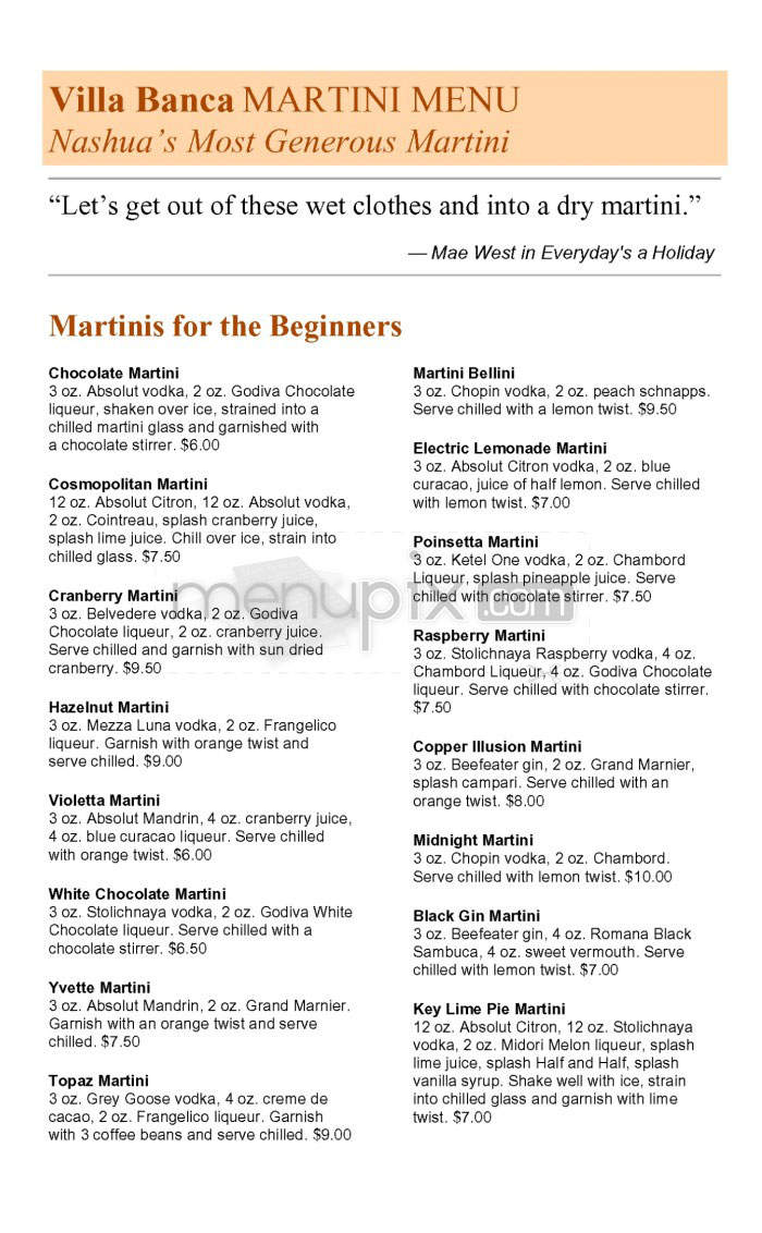 Villa Banca - Nashua, NH menu_pic