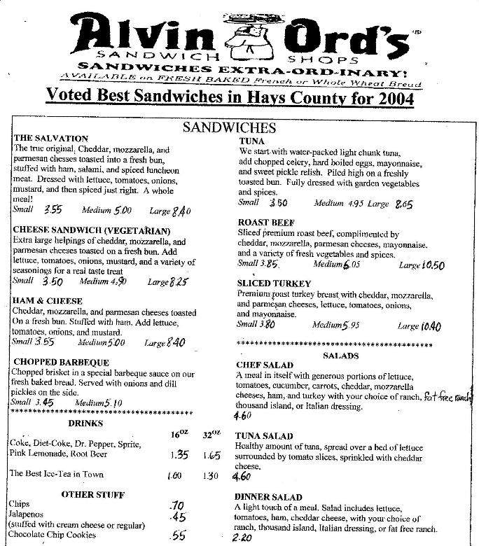 Menu of Alvin Ord's Sandwich Shop in San Marcos, TX 78666