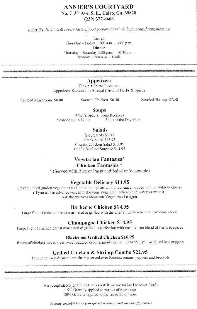 Annier's Courtyard - Cairo, GA menu_pic