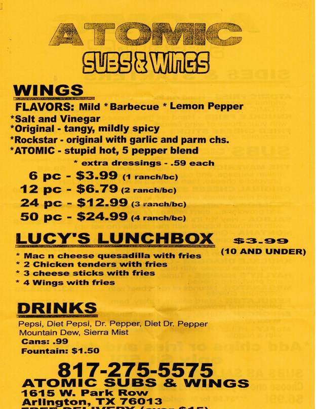 Atomic Subs and Wings - Arlington, TX menu_pic