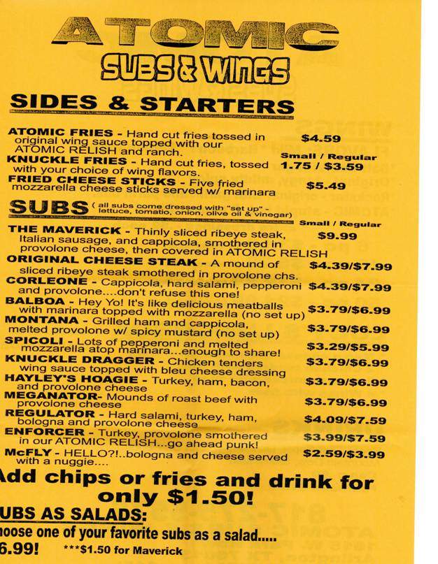 Atomic Subs and Wings - Arlington, TX menu_pic