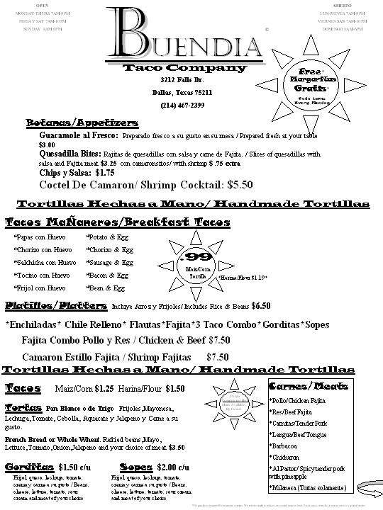 Buendia Taco Company - Dallas, TX menu_pic