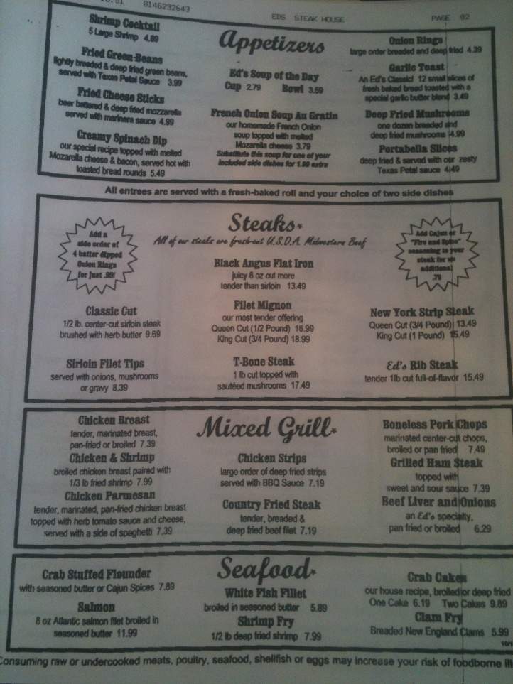 Ed's Steakhouse - Bedford, PA menu_pic