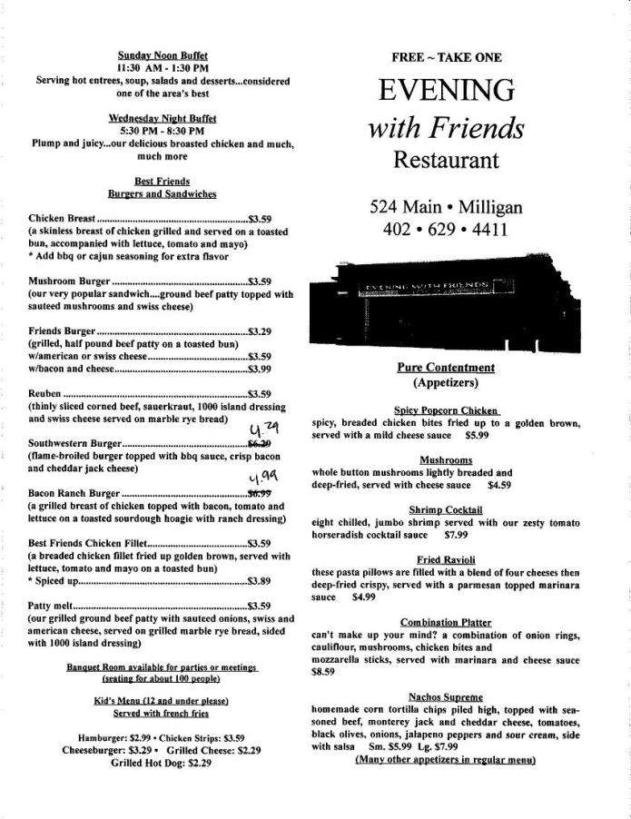 Evening With Friends Restaurnt - Milligan, NE menu_pic