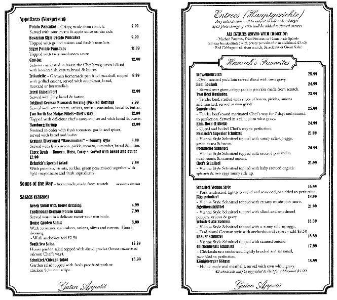 Heinrich's German Grill - Sarasota, FL menu_pic