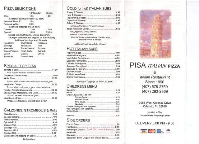 Pisa Italian Pizza - Orlando, FL menu_pic