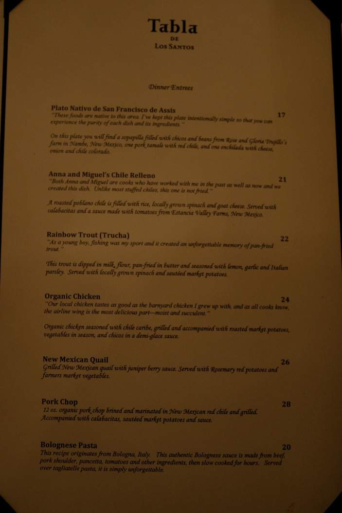 Tabla de los Santos - Santa Fe, NM menu_pic