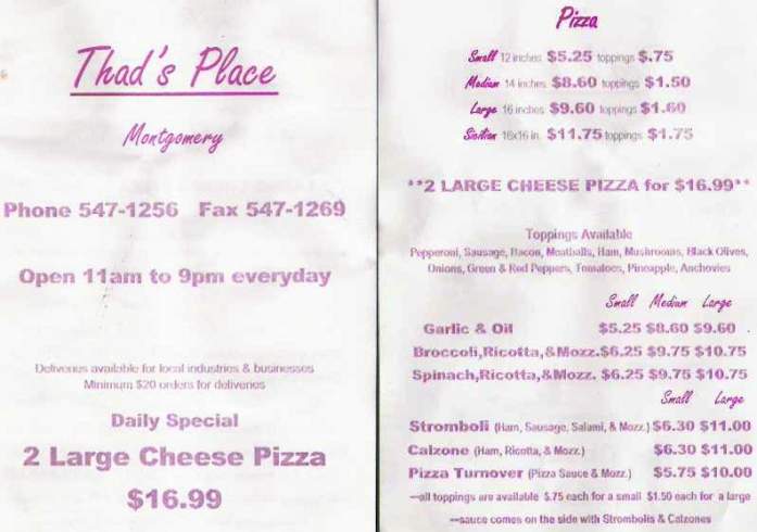 Thad's Place - Montgomery, PA menu_pic