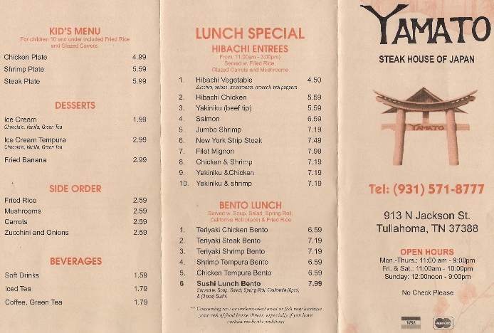 Yamto Steakhouse of Japan - Tullahoma, TN menu_pic