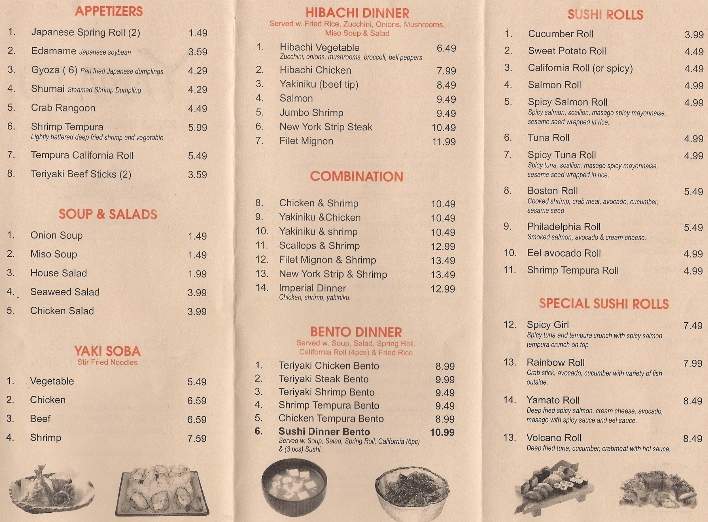Yamto Steakhouse of Japan - Tullahoma, TN menu_pic