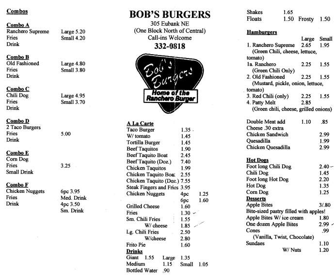 Bob's Burgers - Albuquerque, NM menu_pic