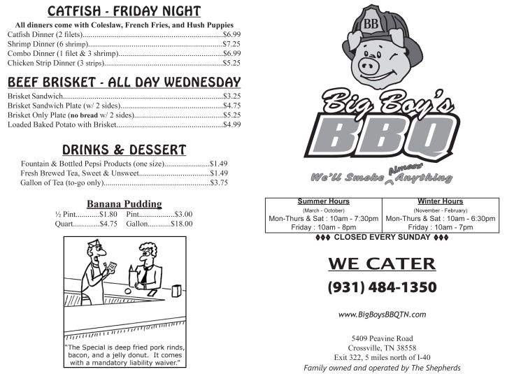 Big Boy's Barbeque - Crossville, TN menu_pic