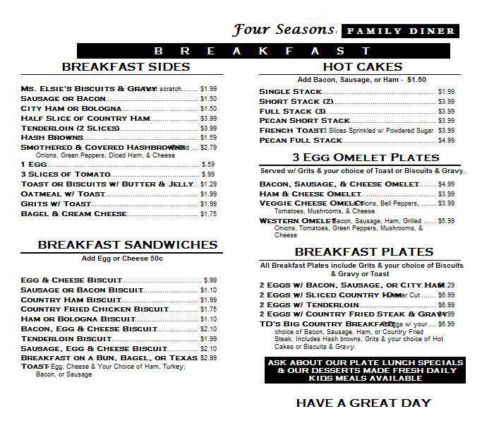 Four Seasons Restaurant - New Johnsonville, TN menu_pic