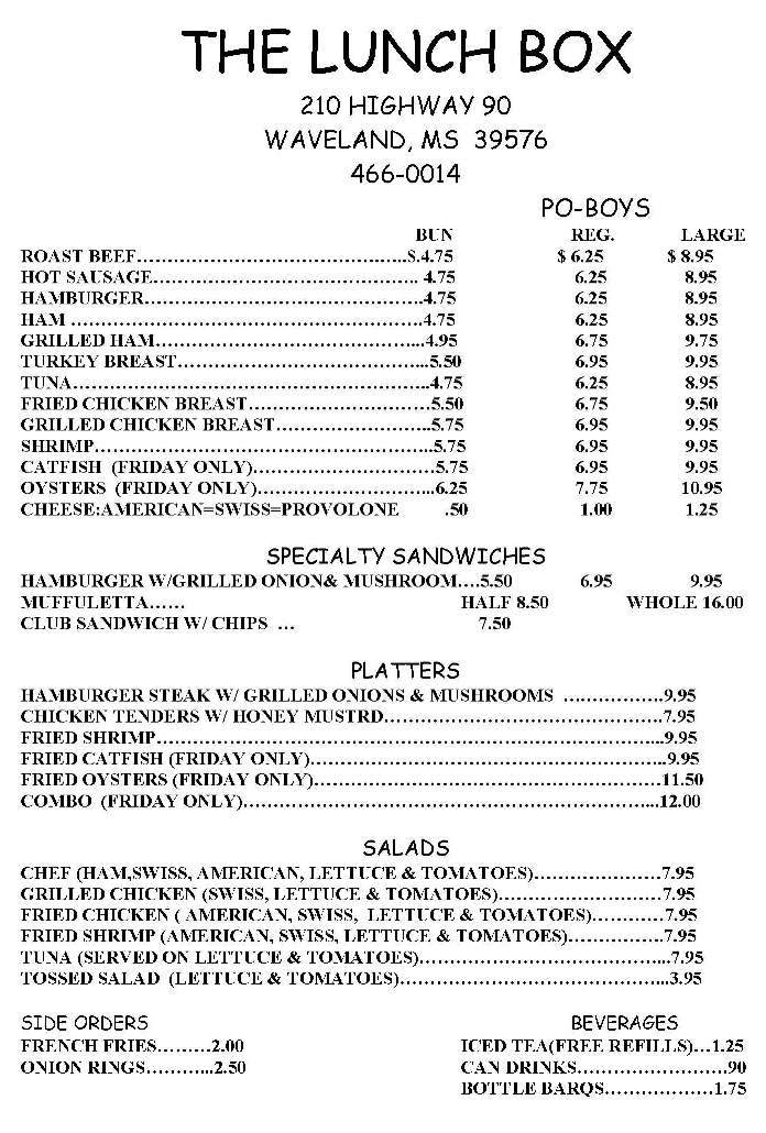 Menu Of Lunch Box In Waveland Ms 39576