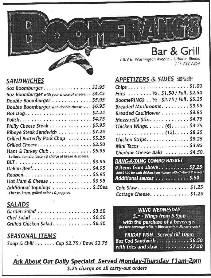 Boomerang's Bar & Grill - Urbana, IL menu_pic