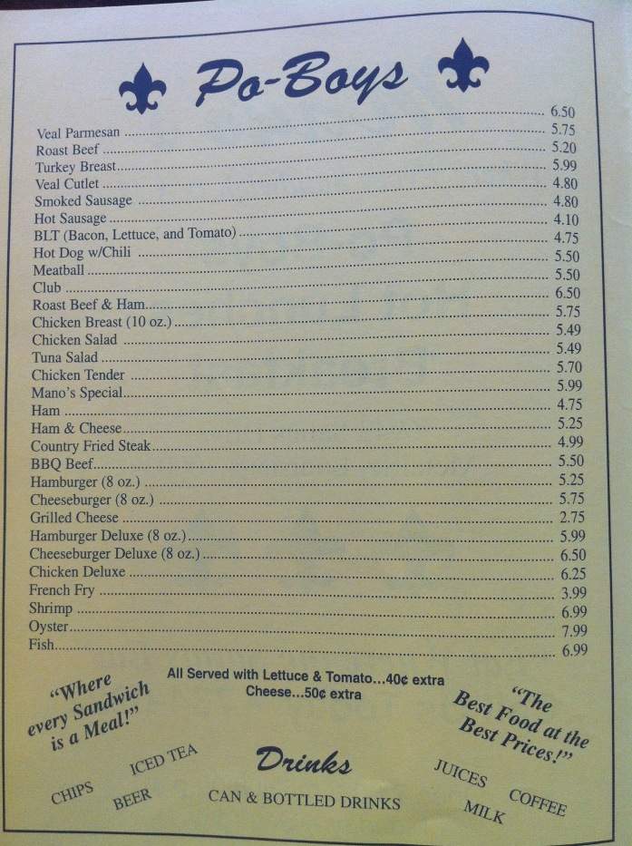 Mano's Po-Boy - Metairie, LA menu_pic