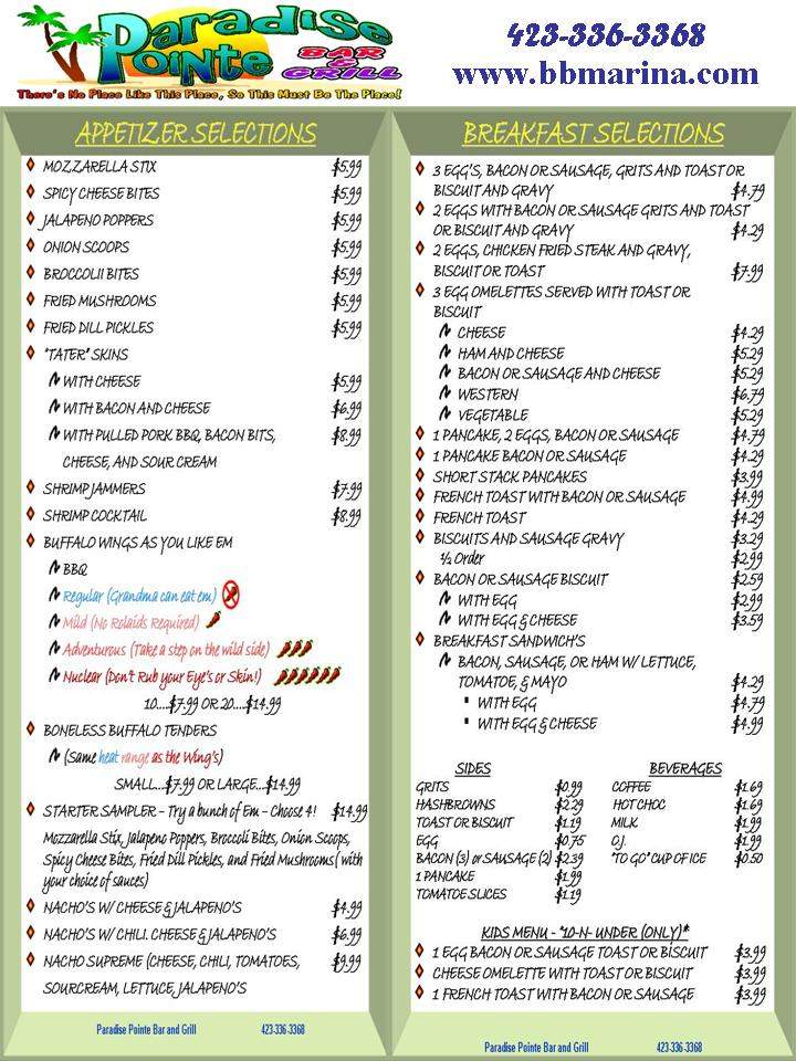 Paradise Pointe Bar & Grill - Charleston, TN menu_pic