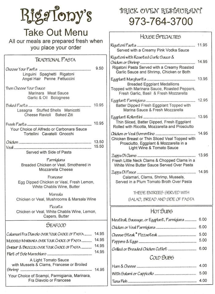Rigatony's - Vernon, NJ menu_pic