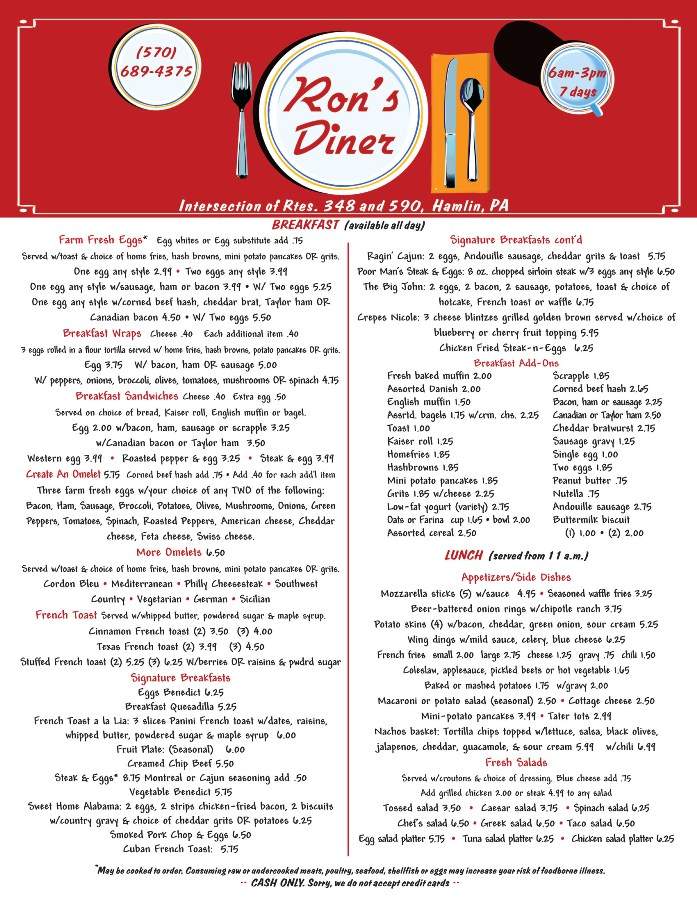 Ron's Diner - Hamlin, PA menu_pic