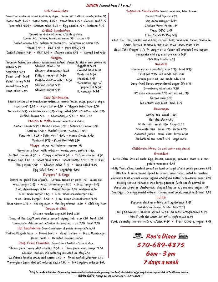 Ron's Diner - Hamlin, PA menu_pic