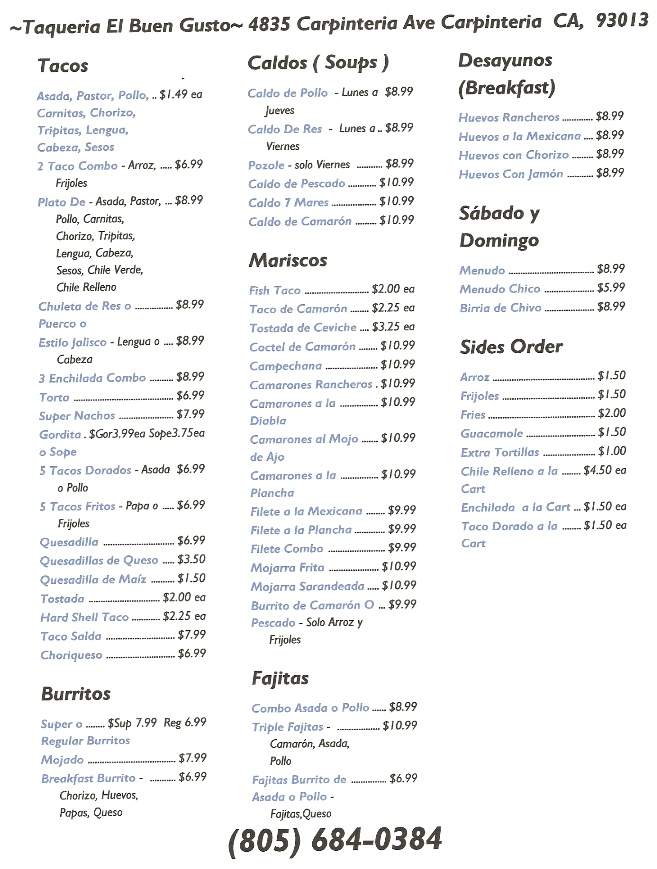 Taqueria El Buen Gusto - Carpinteria, CA menu_pic
